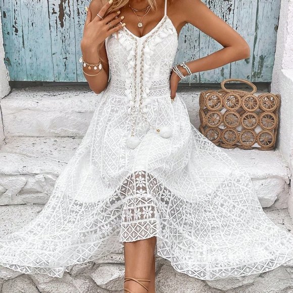. Dresses & Skirts - White Boho Womens Guipure Lace Insert Tassel Detail Cami Dress